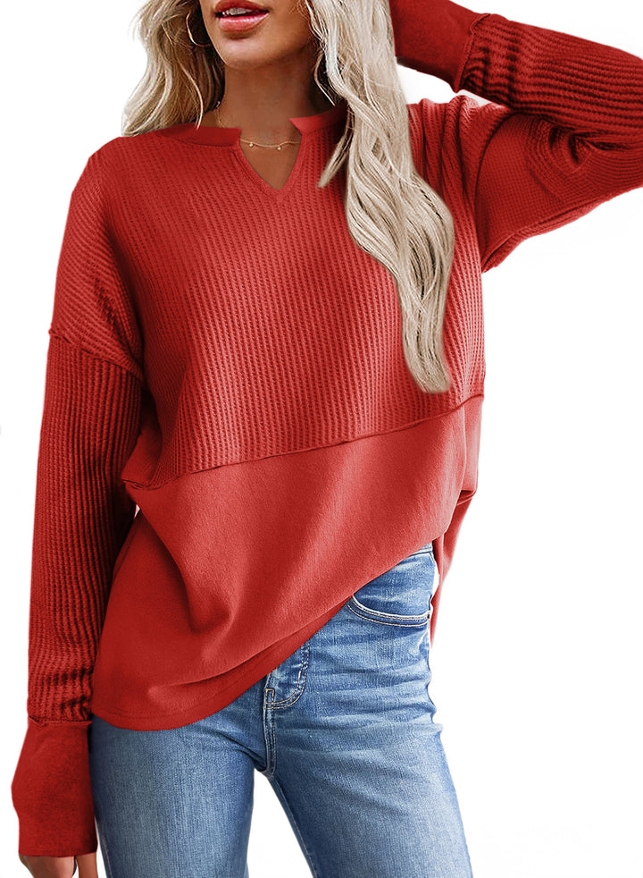 Women Oversized Sweater with Waffle Structure, V-Notch and Dropped Shoulder Mune Fashion