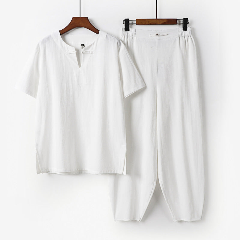 Men's Two-Piece Set with Short Sleeve Stand Collar Shirt and Elastic Harem Pants Mune Fashion