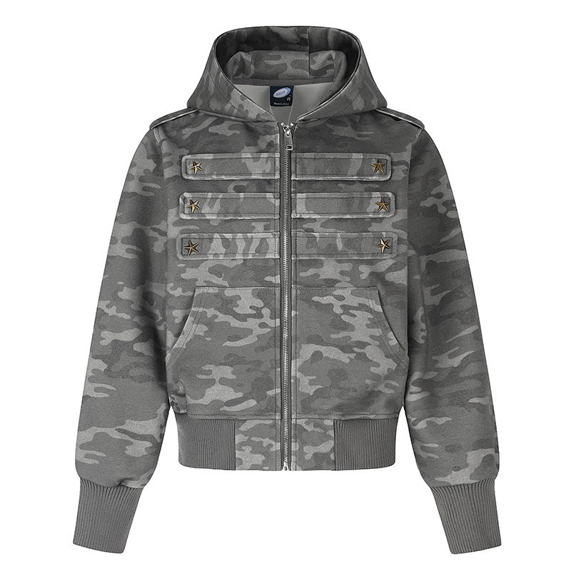 Women's cropped hooded sweatshirt jacket in military camo with decorative star strap details Mune Fashion