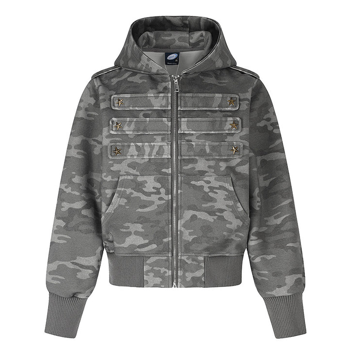 Women's cropped hooded sweatshirt jacket in military camo with decorative star strap details Mune Fashion