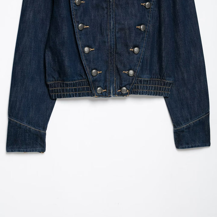 Women's Cropped Denim Field Jacket with Decorative Double Row and Stand-Up Collar Mune Fashion