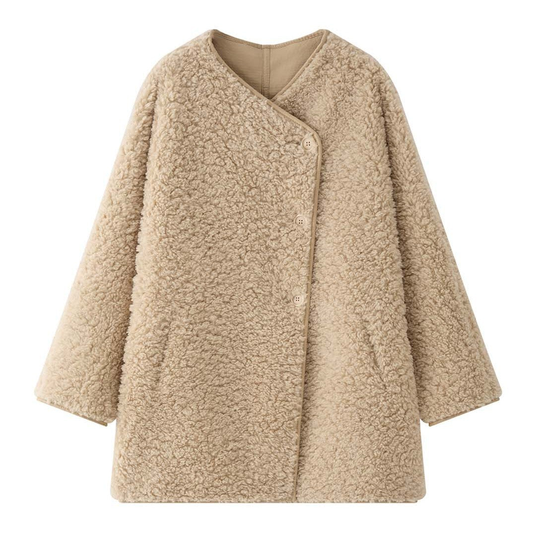Women Short Jacket Teddy Fleece with Button Front and Contrasting Edge Finish Mune Fashion