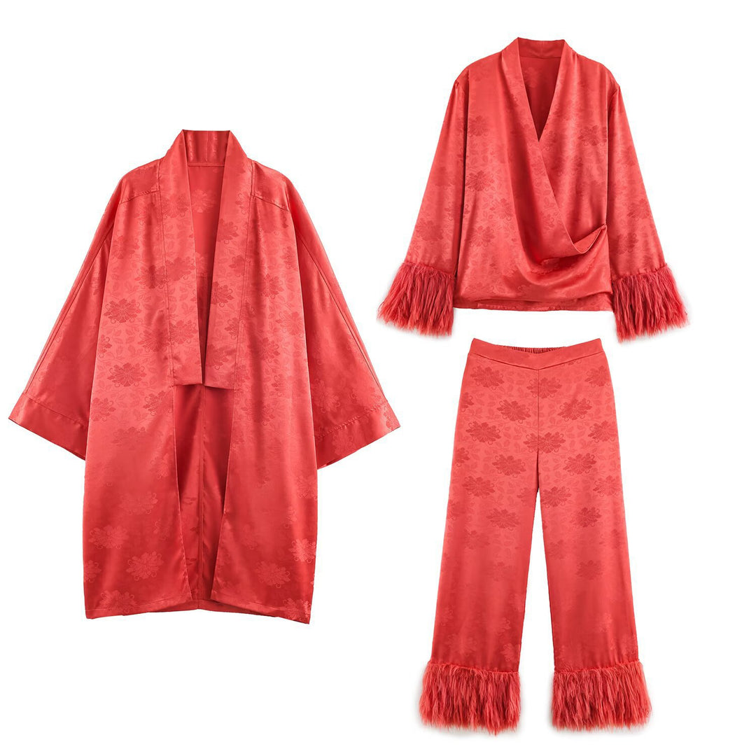 Ladies high-waisted satin pants with jacquard floral pattern and feather fringes Mune Fashion