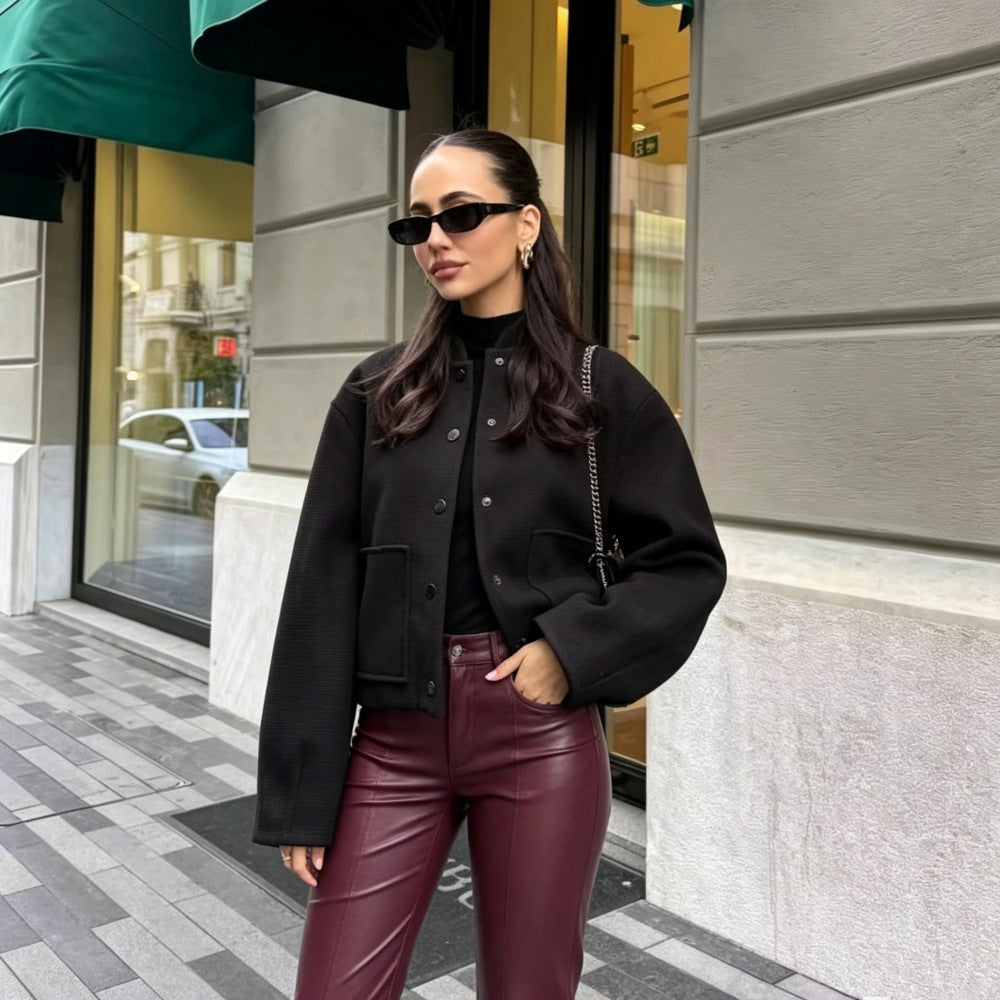 Women's Cropped Wool Boxy Jacket with Short Stand Collar and Patch Pockets Mune Fashion