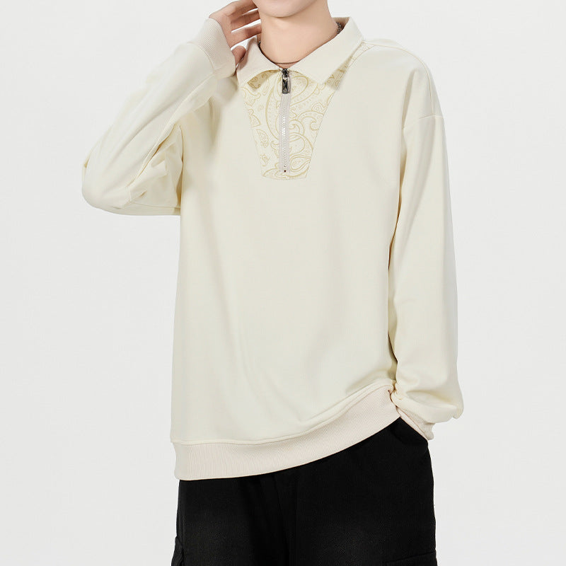 Men's Loose Sweatshirt with Polo Collar, Half Zipper and Paisley Trimming Mune Fashion