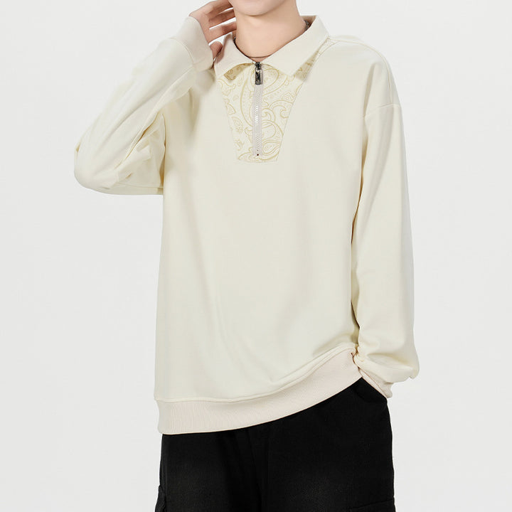 Men's Loose Sweatshirt with Polo Collar, Half Zipper and Paisley Trimming Mune Fashion