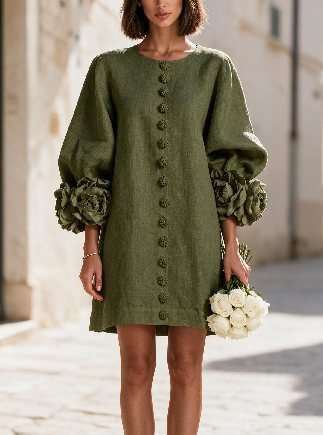 Ladies short dress made of linen with voluminous balloon sleeves and 3D flower cuffs Mune Fashion