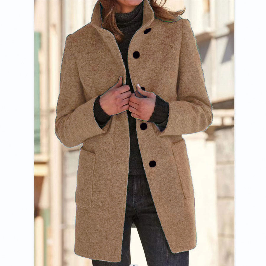 Women's Mid-Length Wool Blend Coat with Stand Collar and Patch Pockets Mune Fashion