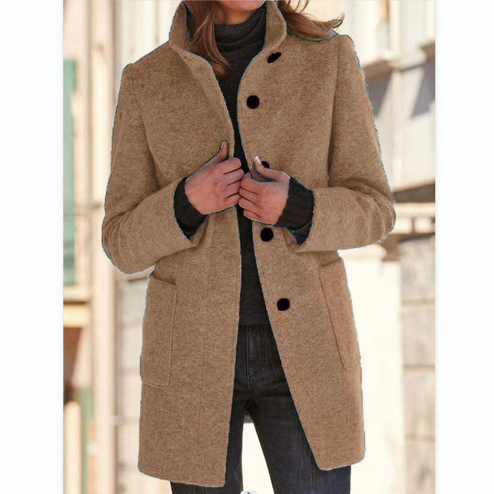 Women's Mid-Length Wool Blend Coat with Stand Collar and Patch Pockets Mune Fashion