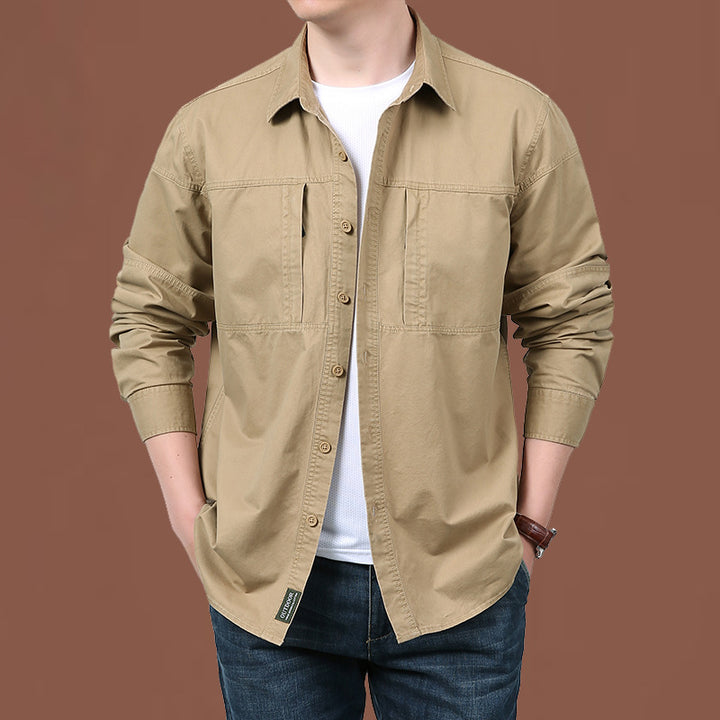 Men's lightweight cotton utility overshirt with two concealed chest pockets and classic Kent collar.