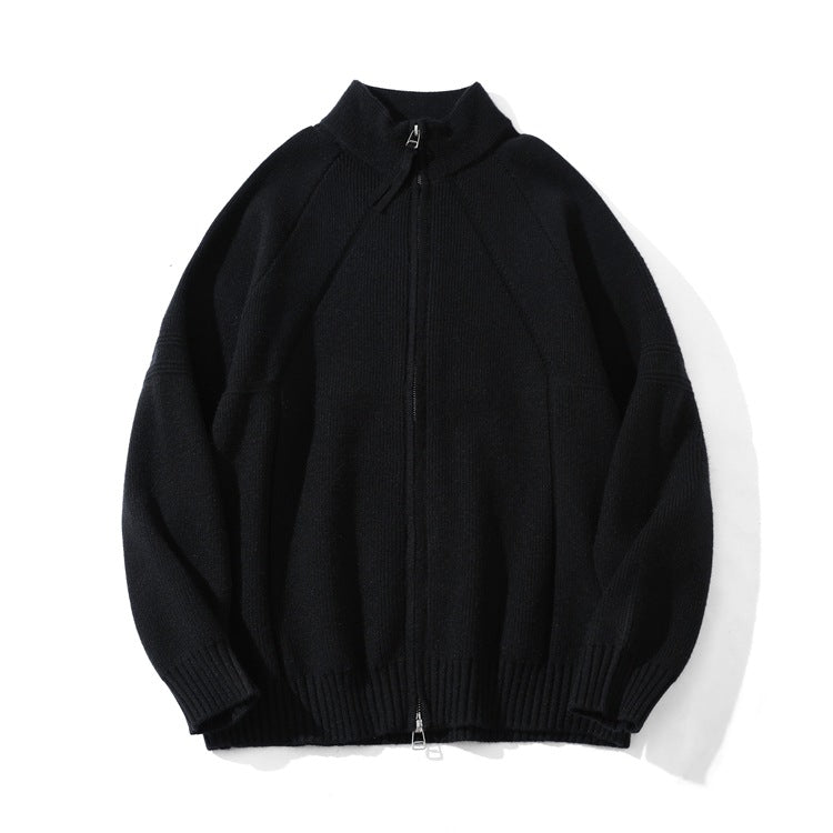 Unisex Coarse Knit Zip Cardigan with Stand-up Collar and Two-way Zipper Mune Fashion
