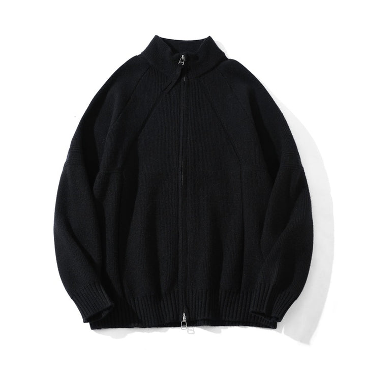Unisex Coarse Knit Zip Cardigan with Stand-up Collar and Two-way Zipper Mune Fashion