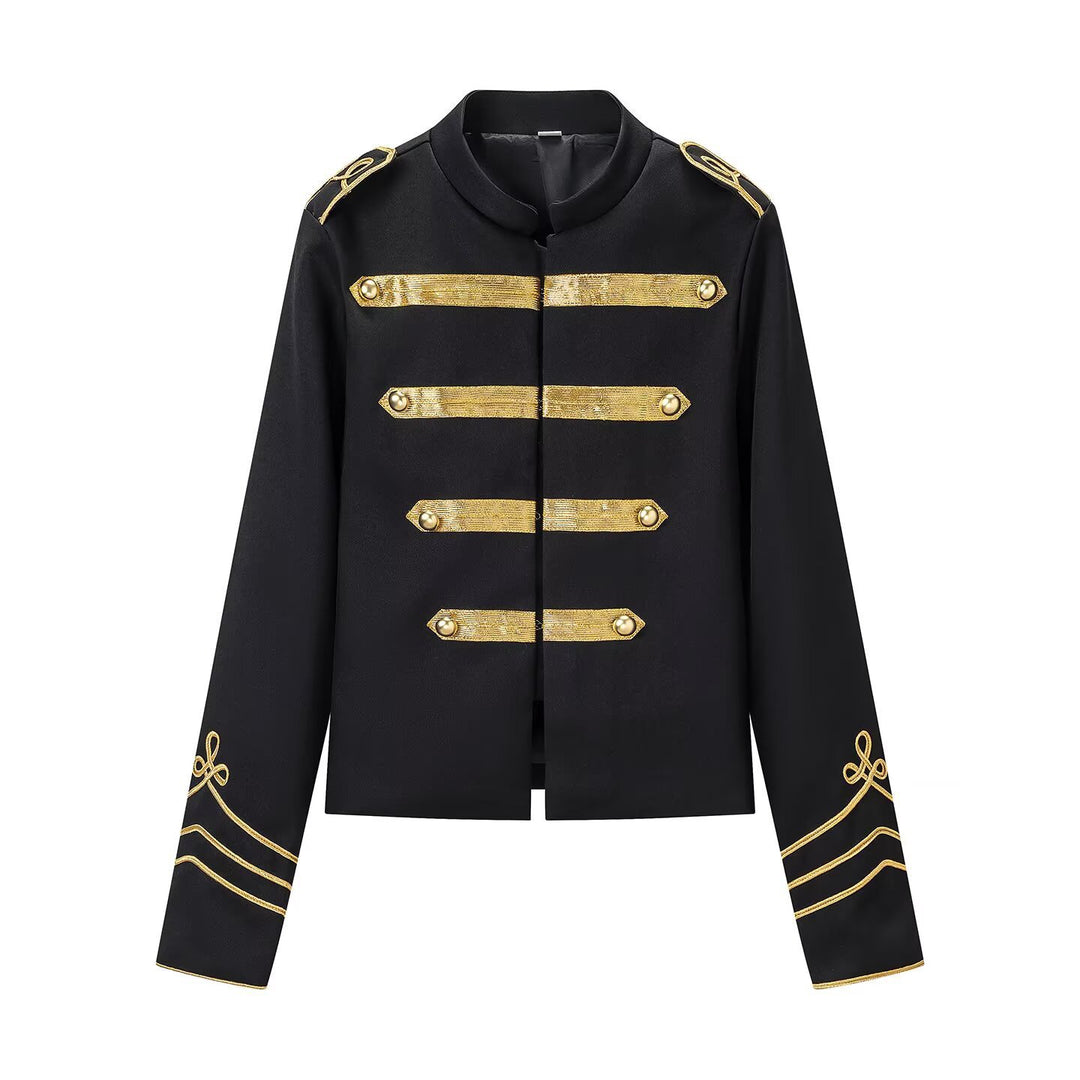 Women's military-inspired short jacket with stand-up collar and golden braid trimmings Mune Fashion