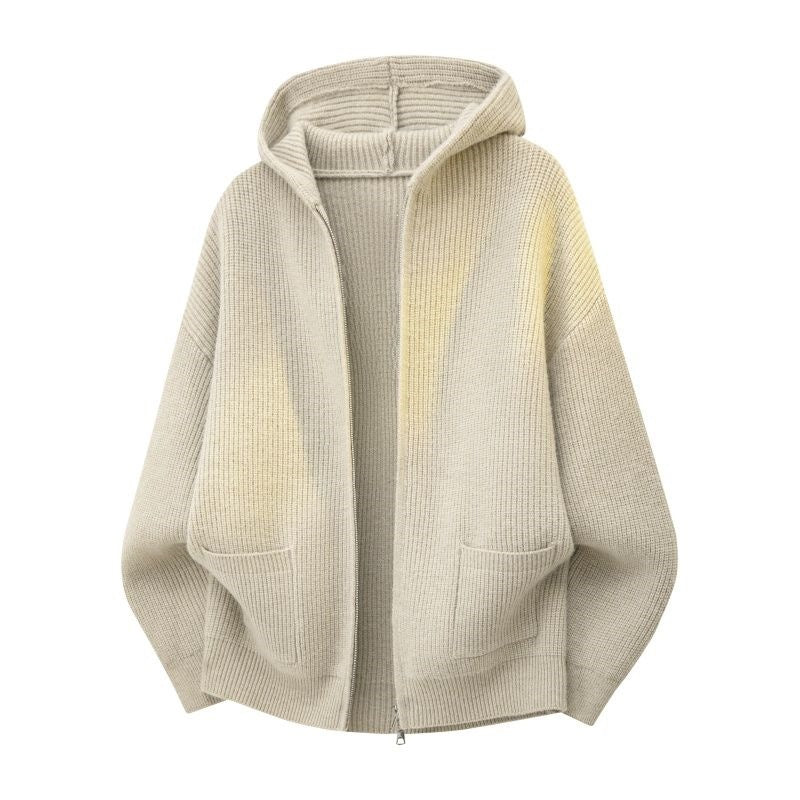 Women's Cozy Oversized Ribbed Knit Hooded Jacket with Two-Way Zipper & Patch Pockets Mune Fashion