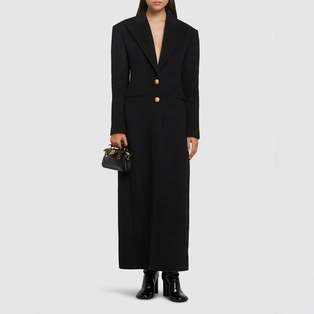 Women’s Maxi Coat Dress with Distinctive Shoulder Part and Golden Decorative Buttons Mune Fashion
