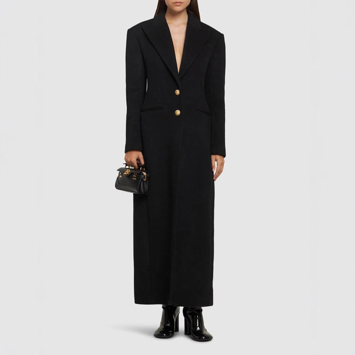 Women’s Maxi Coat Dress with Distinctive Shoulder Part and Golden Decorative Buttons Mune Fashion