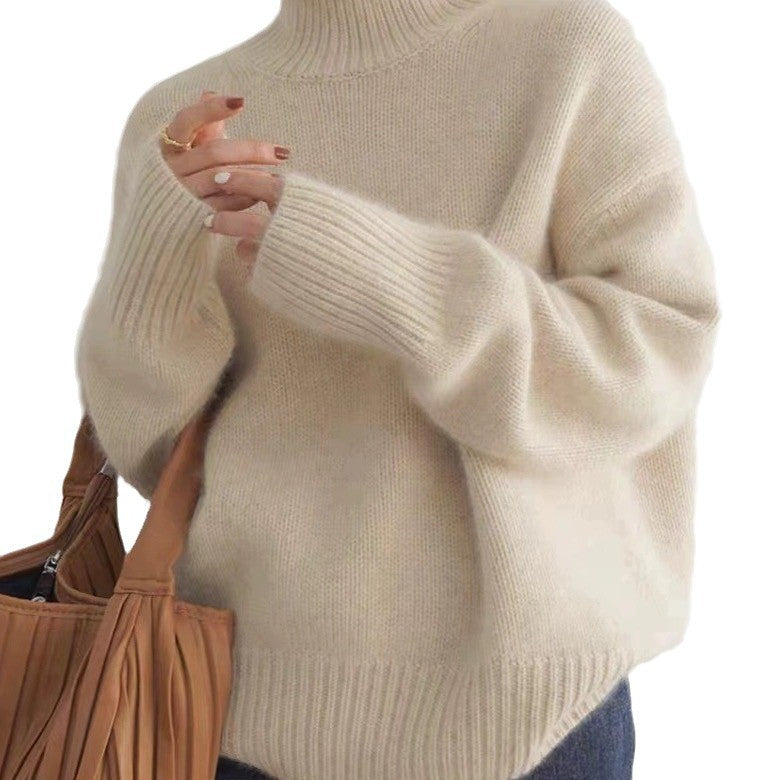 Women's Oversized Fine Knit Sweater with High Roll Neck and Side Slits Mune Fashion