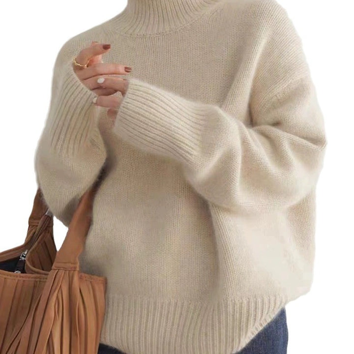 Women's Oversized Fine Knit Sweater with High Roll Neck and Side Slits Mune Fashion