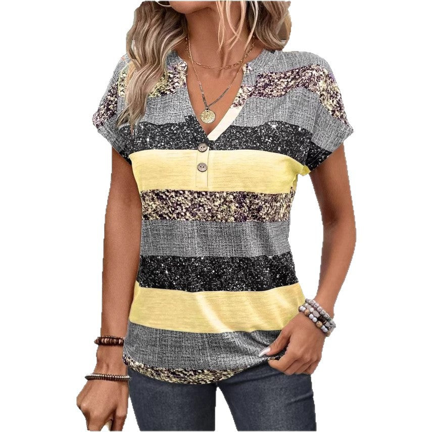 Women's loose short sleeve tunic top with V-neck decorative button placket and rounded hem Mune Fashion