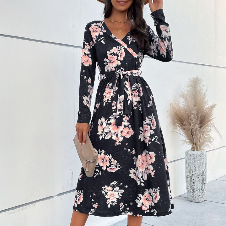 Women Floral Wrap Midi Dress with V-Neck, Waist Belt and Flared Skirt Mune Fashion