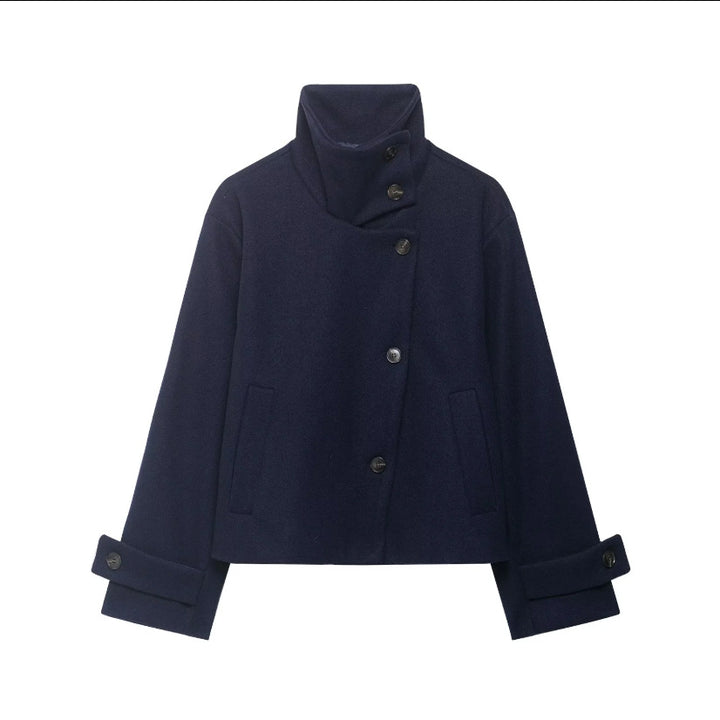 Women's Cropped Wool Blend Short Jacket with High Stand Collar, Asymmetric Button Placket and Cuffed Sleeves Mune Fashion