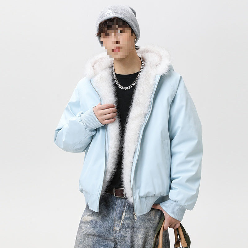 Men's quilted hooded bomber jacket in oversized look with contrasting faux fur lining Mune Fashion