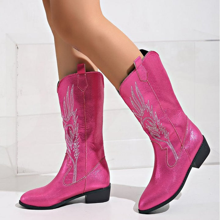 Women's suede western boots with pointed toe and mid-high block heel Mune Fashion
