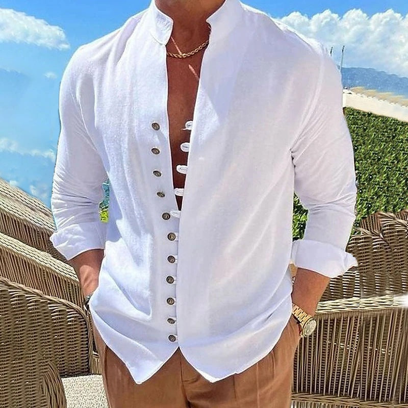 Men's linen look summer casual shirt with stand-up collar, decorative button placket, and roll-up sleeves Mune Fashion