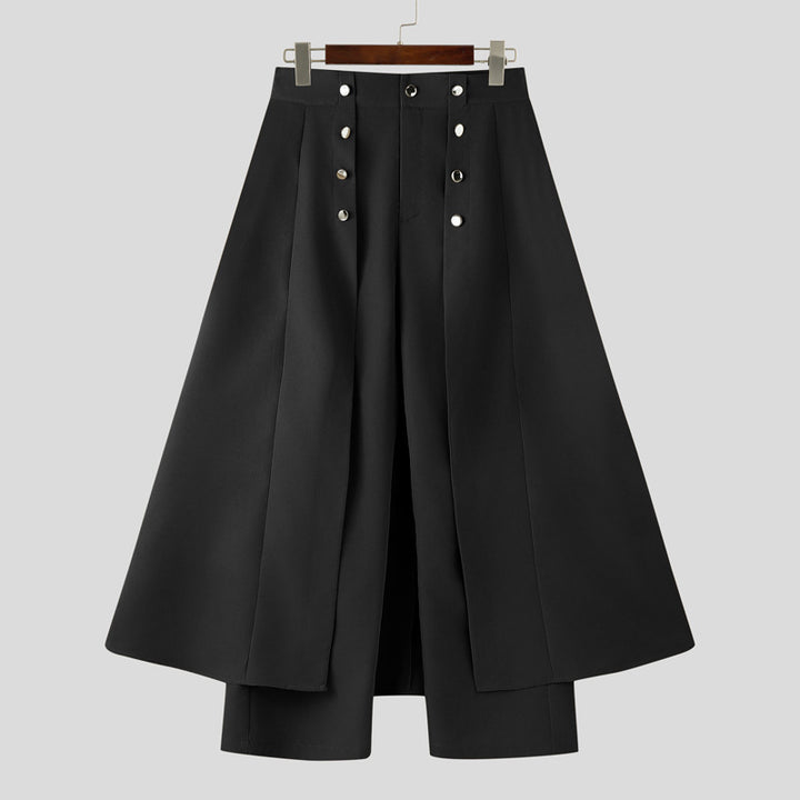 Women high-waisted flared midi wrap skirt with inner culottes and decorative button placket Mune Fashion