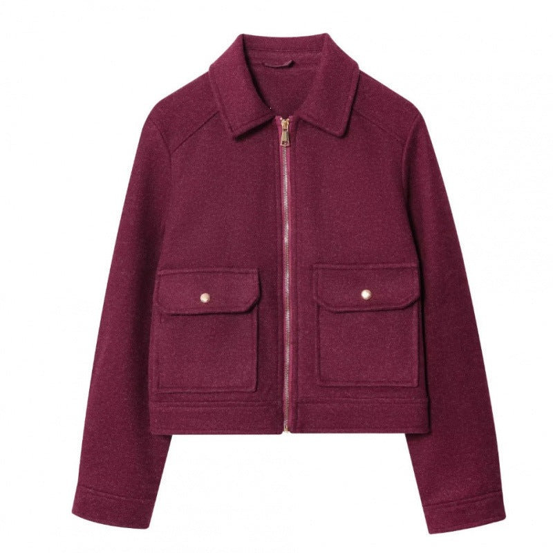 Women's short jacket in velour look with flap patch pockets and full-length zipper Mune Fashion