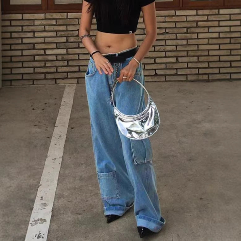 Women Extra Wide Baggy Jeans with Cargo Patches and Low Waist Mune Fashion