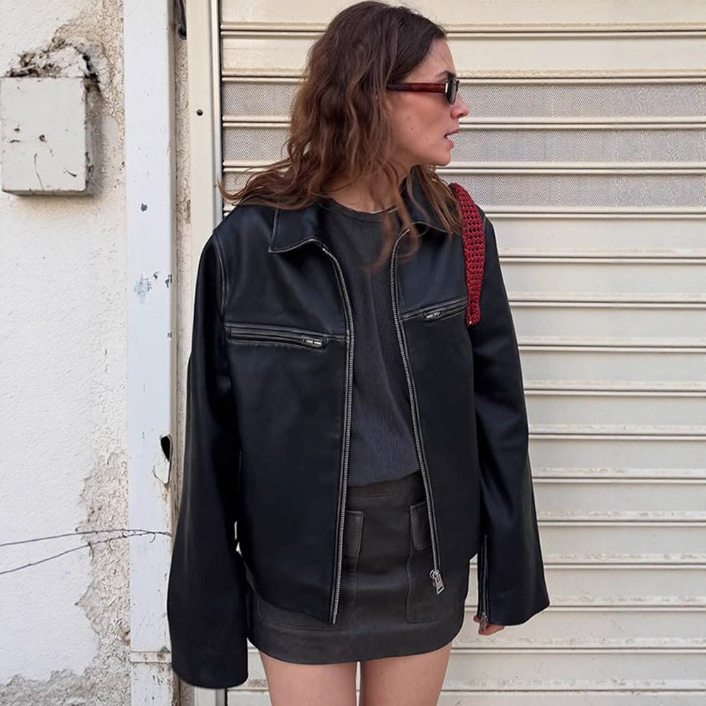 Women Boxy Faux Leather Jacket with Double Zipper and Chest Zippers Mune Fashion