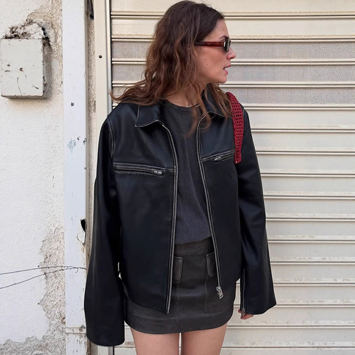 Women Boxy Faux Leather Jacket with Double Zipper and Chest Zippers Mune Fashion