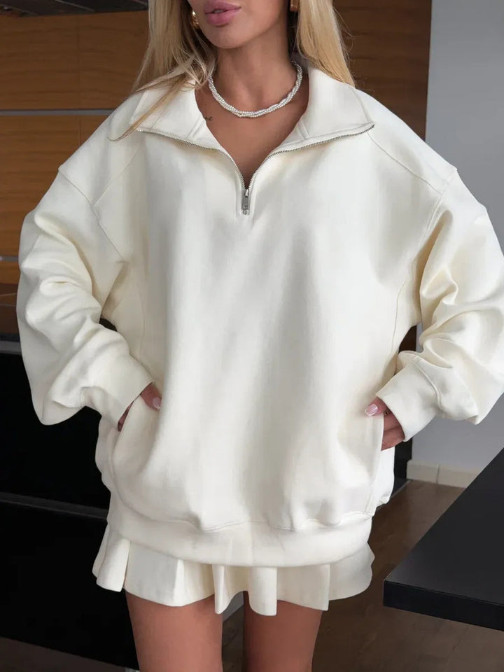 Women Oversized Sweat Dress with Half Zipper and Stand-Up Collar Mune Fashion