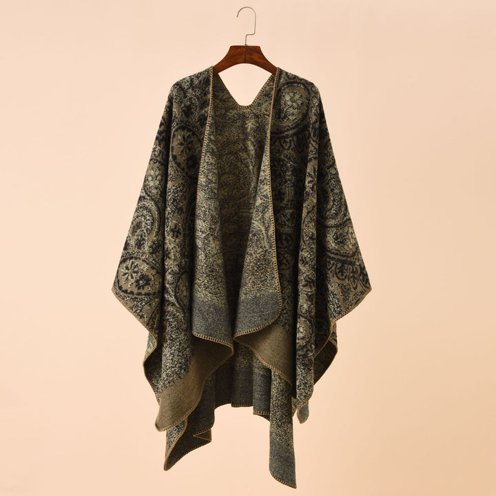 Women's Paisley-Jacquard-Cape Poncho made of wool blend with decorative chain stitch Mune Fashion