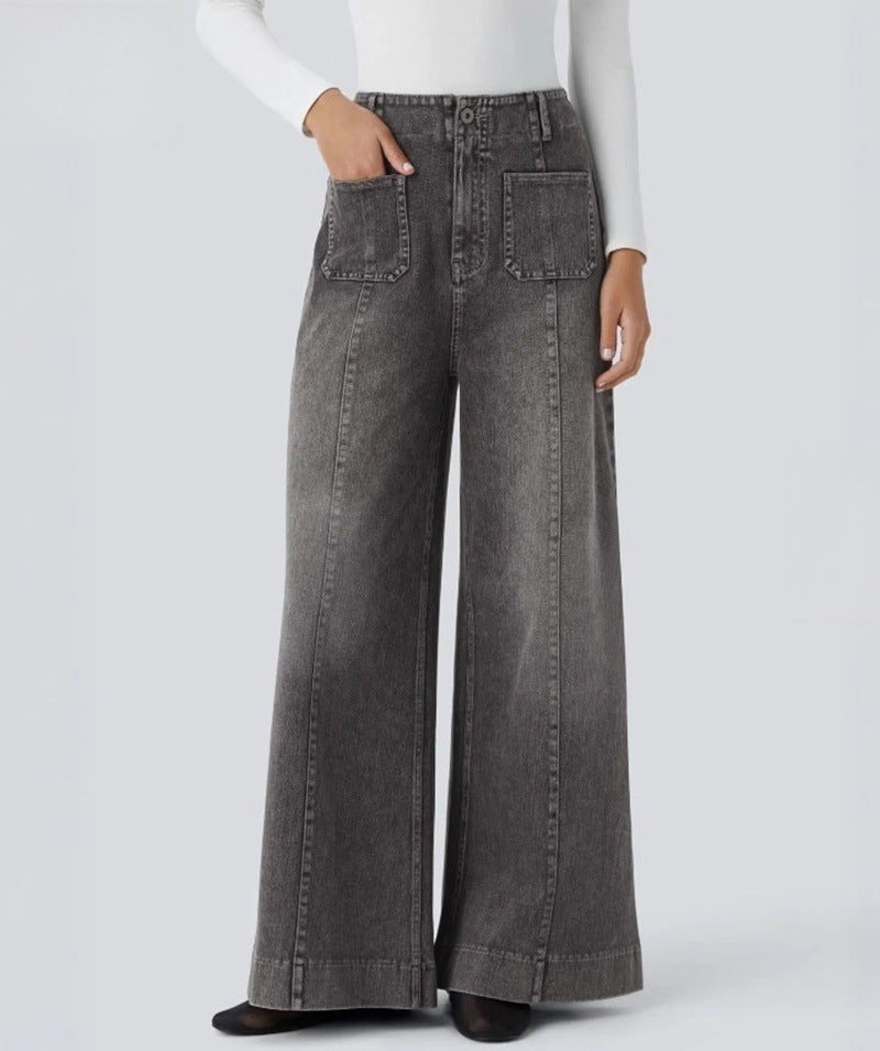 Women's high-waisted wide jeans pants with patch front pockets and vertical decorative seam Mune Fashion