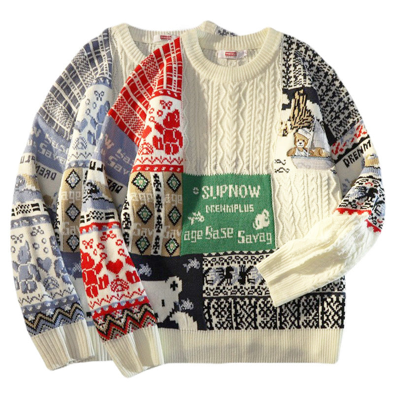 Men's Cozy Chunky Knit Sweater with Colorful Patchwork Mune Fashion