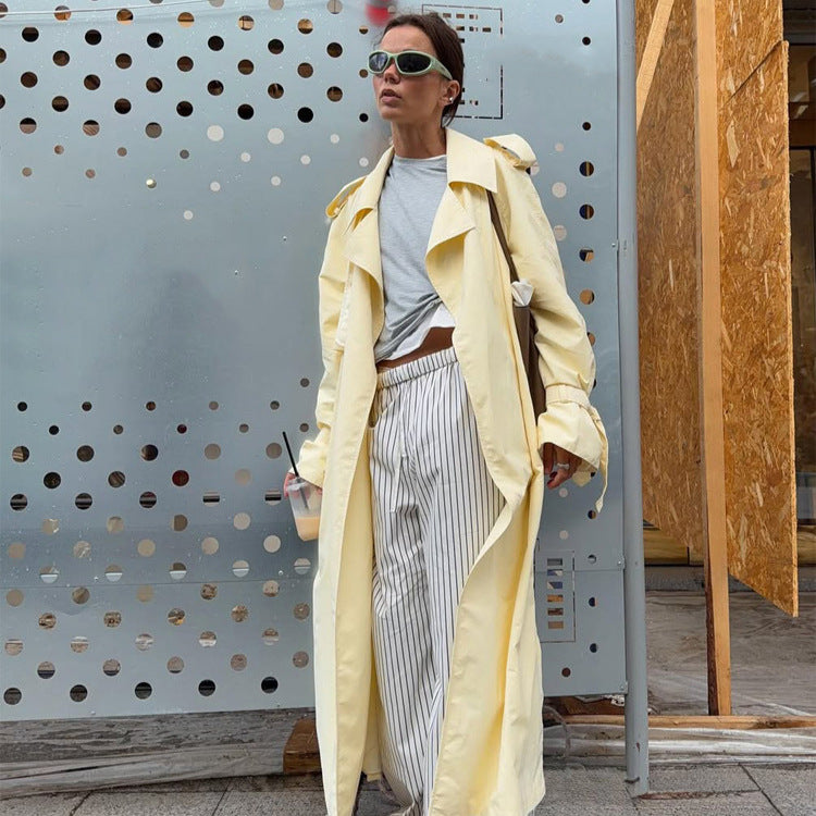 Women's Lightweight Long Trench Coat with Oversized Silhouette, Wide Shawl Collar and Extended Sleeves Mune Fashion