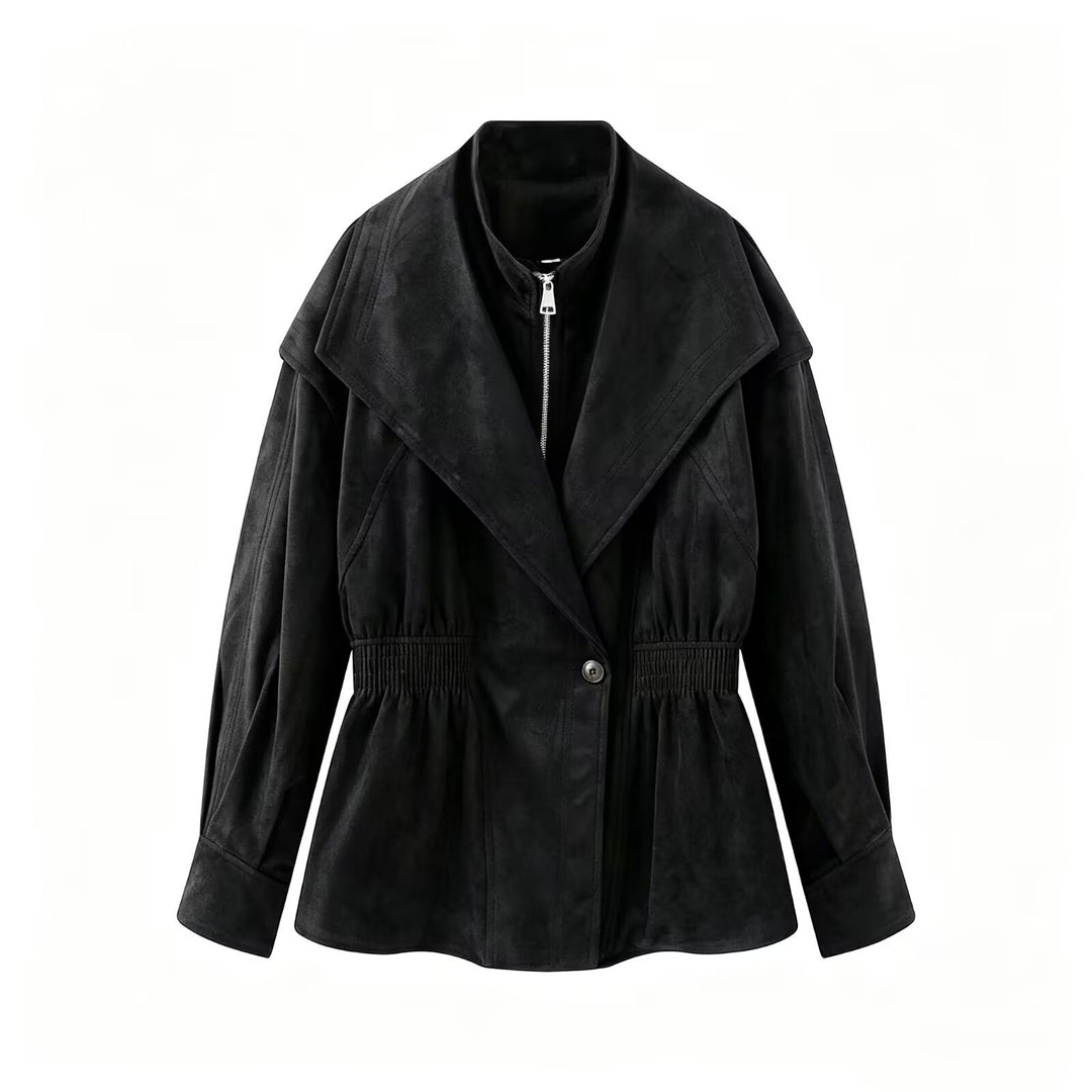 Women's tailored jacket in suede look with large shawl collar, zipper and gathered waist Mune Fashion