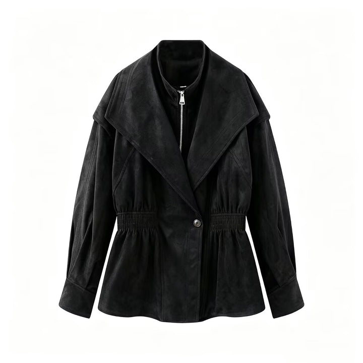 Women's tailored jacket in suede look with large shawl collar, zipper and gathered waist Mune Fashion