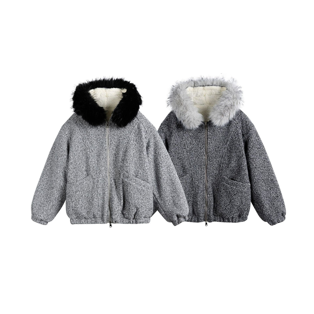 Women's Boucle Blouson Jacket with Voluminous Faux Fur Collar and Thermal Lining Mune Fashion