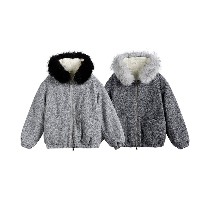Women's Boucle Blouson Jacket with Voluminous Faux Fur Collar and Thermal Lining Mune Fashion