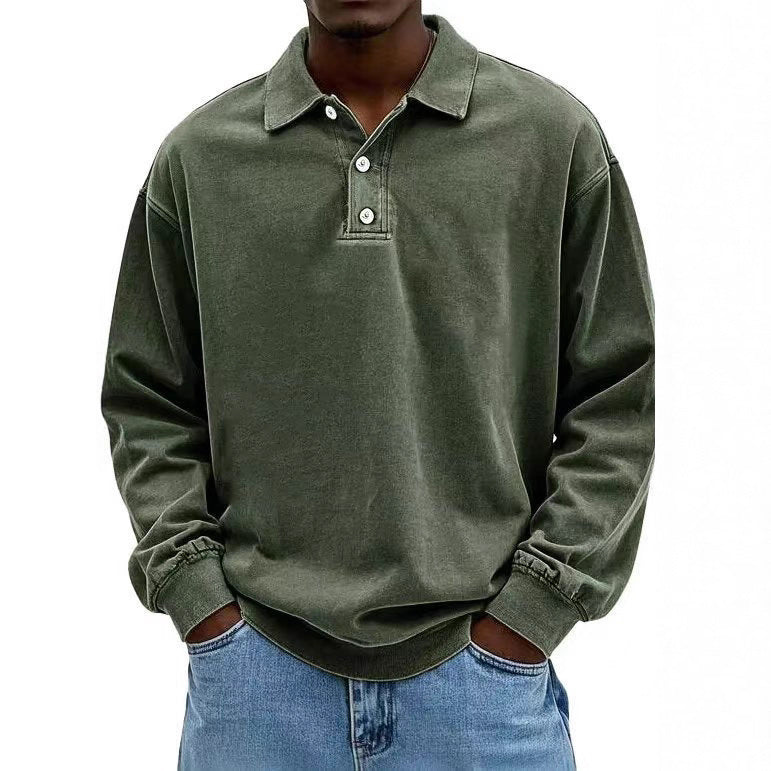 Men's casual polo shirt sweatshirt with collar, vintage wash and three-piece button placket Mune Fashion