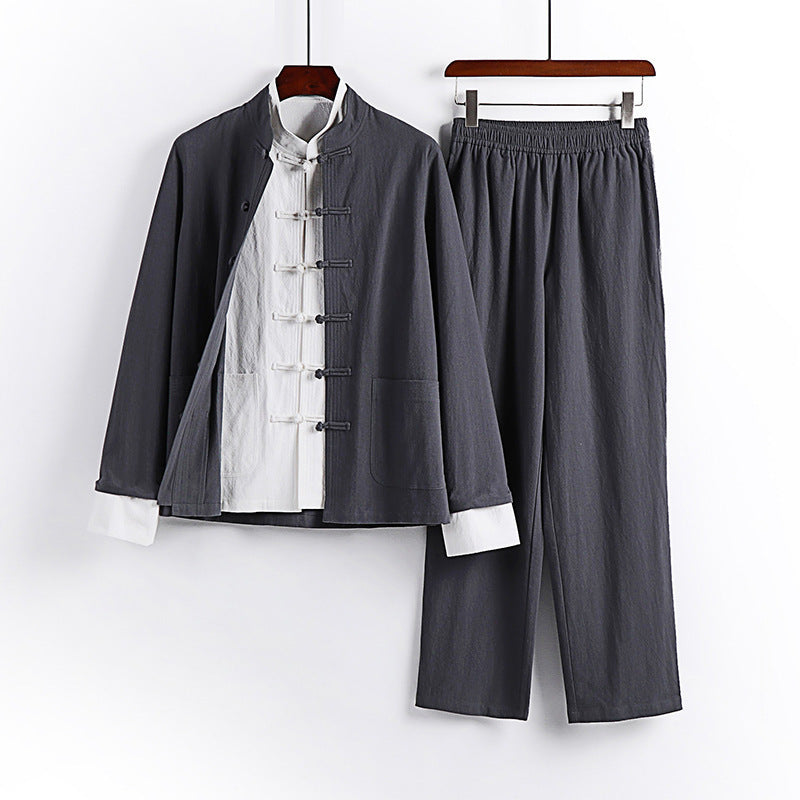 Men's Traditional Inspired Kimono Loungewear Set with Mandarin Collar Tie Closure and Straight Leg Pants Mune Fashion