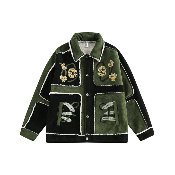 Unisex Patchwork-Sheepskin Look Jacket with Floral Embroidery Mune Fashion
