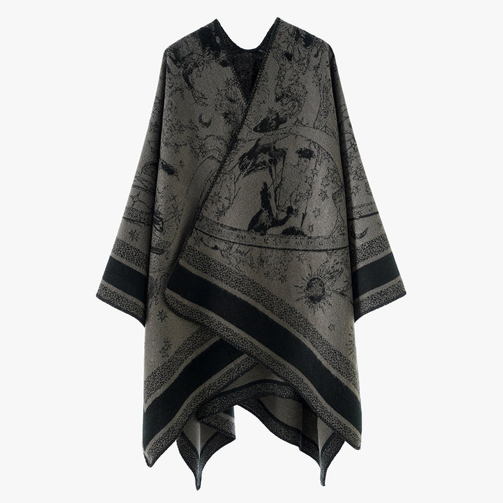 Women's Oversize Jacquard Cape Poncho made of wool blend with V-neck and heavenly motif Mune Fashion