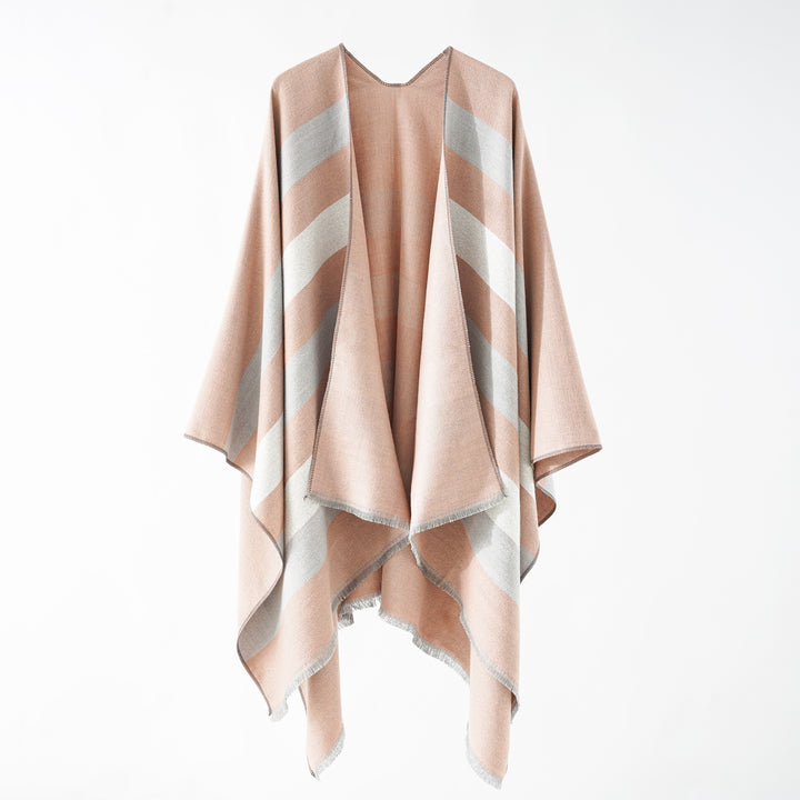 Women's Fine Wool Blend Cape with Diagonal Stripe Structure and Fringed Hem Mune Fashion
