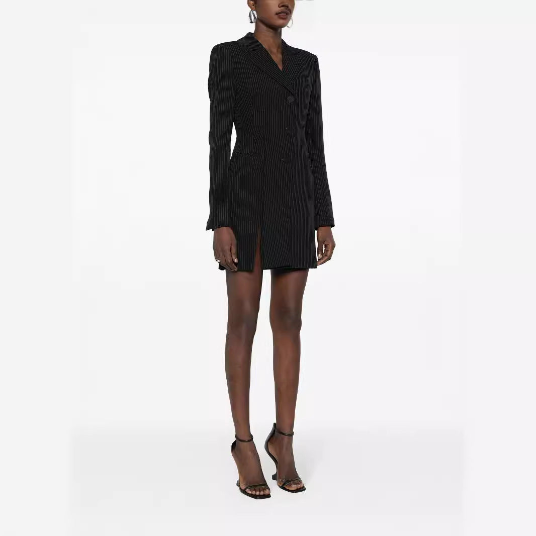 Women Tailored Pinstripe Blazer Dress with Single-Breasted, Slit and Slim Silhouette Mune Fashion