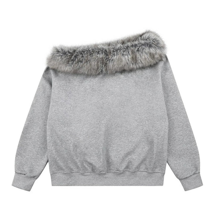 Women's Off-Shoulder Sweatshirt with Fake-Fur Collar, Relaxed Fit and Vintage Flag Print Mune Fashion