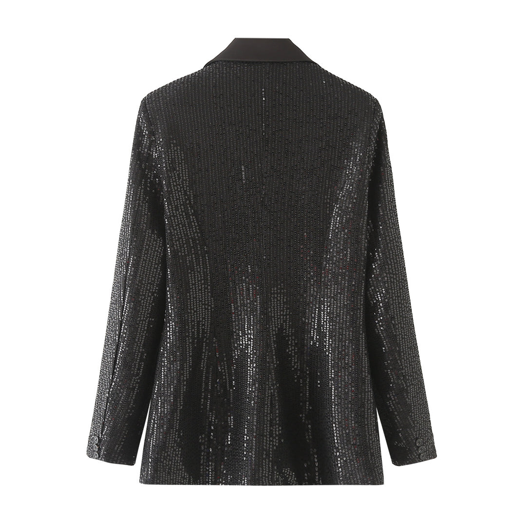 Women's tailored sequin blazer with satin shawl lapel and welt pockets Mune Fashion